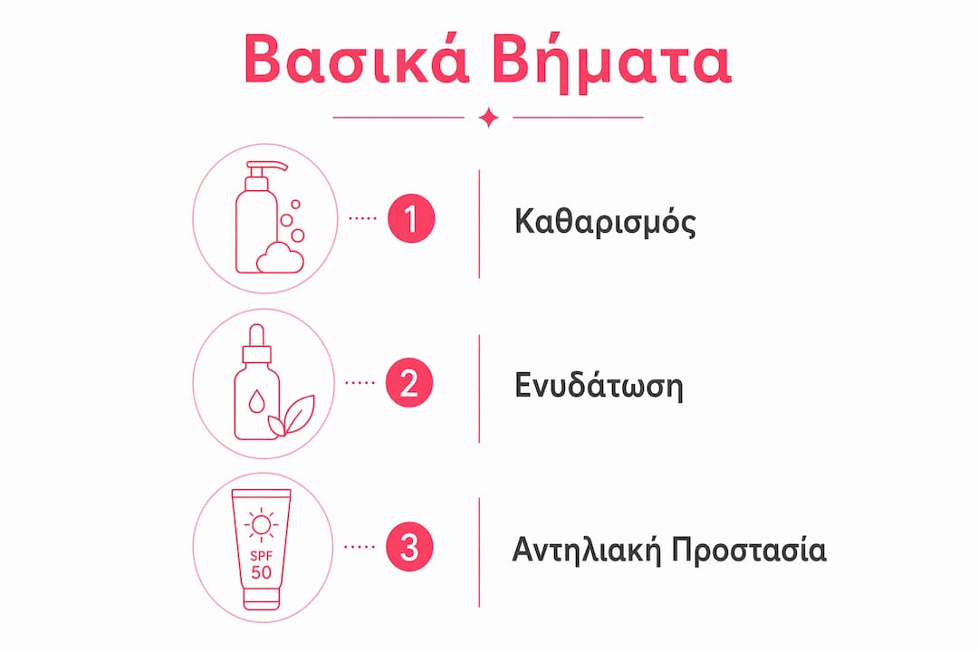 Εικονογράφηση με τα τρία βασικά βήματα περιποίησης προσώπου
