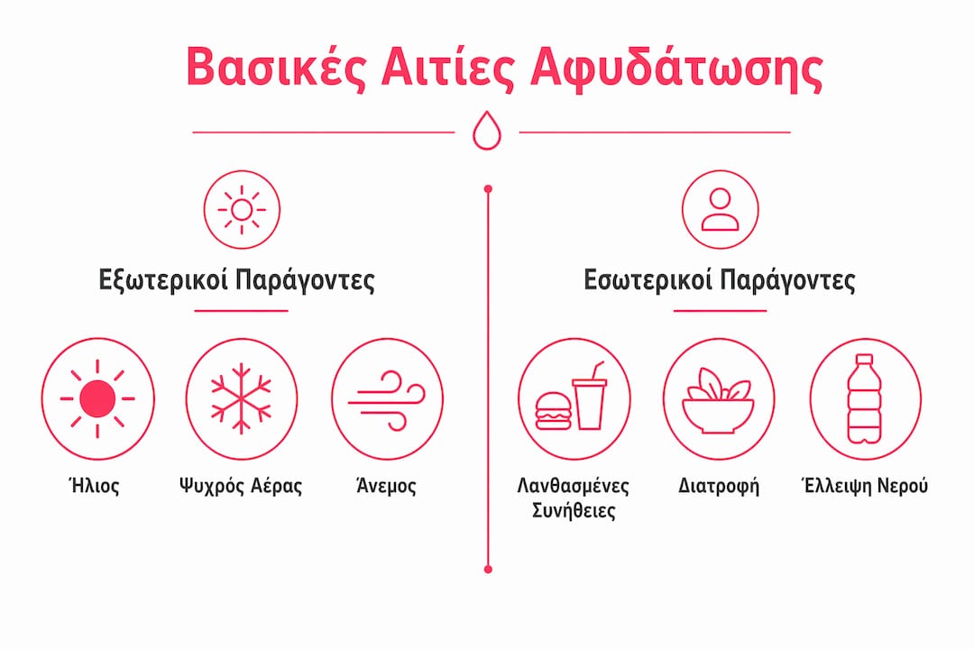 Ενδεικτικό γράφημα που παρουσιάζει τους βασικούς παράγοντες που οδηγούν σε αφυδάτωση του δέρματος, χωρισμένους σε δύο ομάδες.