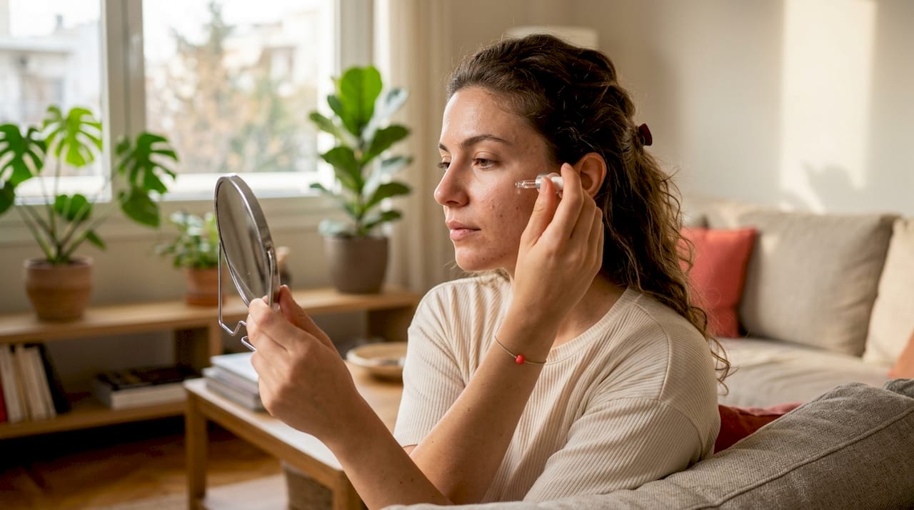 Εστιασμένη λήψη τη στιγμή που εφαρμόζεται serum με πεπτίδια στο δέρμα