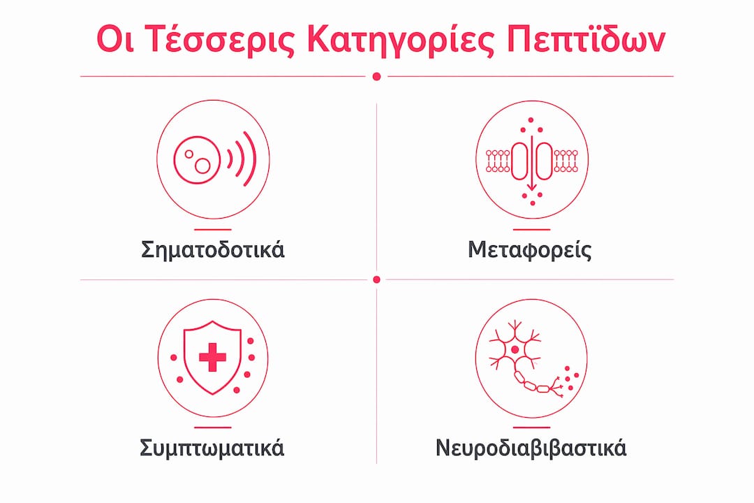 Εικονογραφημένο άρθρο που παρουσιάζει τις τέσσερις βασικές κατηγορίες πεπτιδίων για τη φροντίδα της επιδερμίδας.