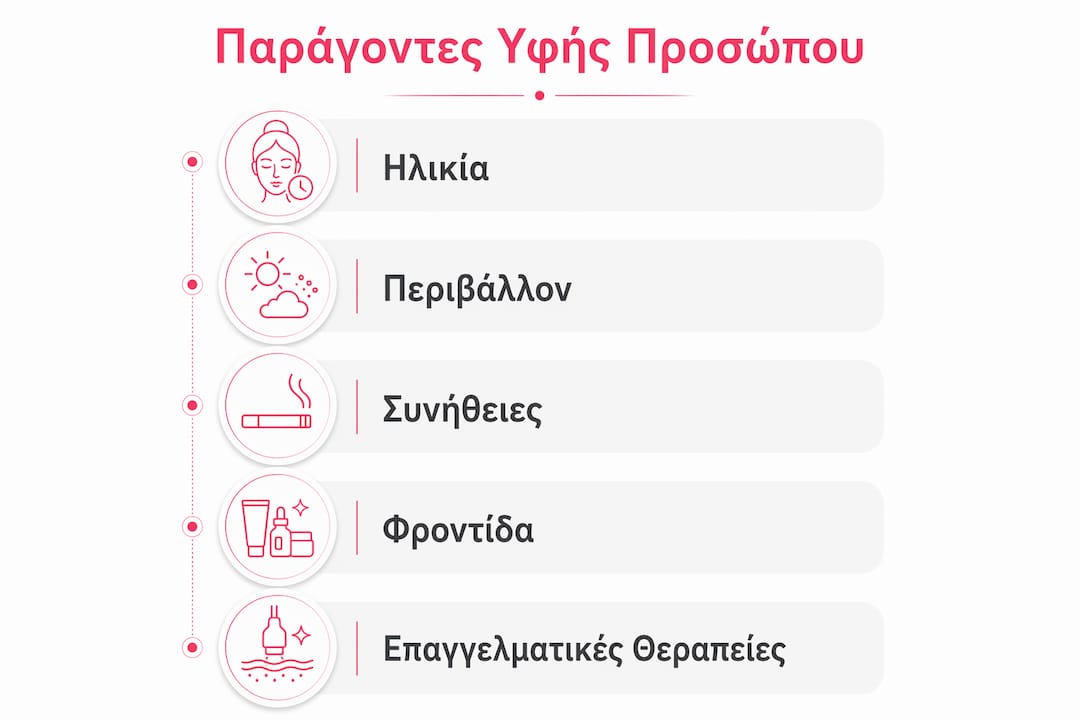 Εικονογράφηση με τους βασικούς παράγοντες που επηρεάζουν την υφή της επιδερμίδας του προσώπου