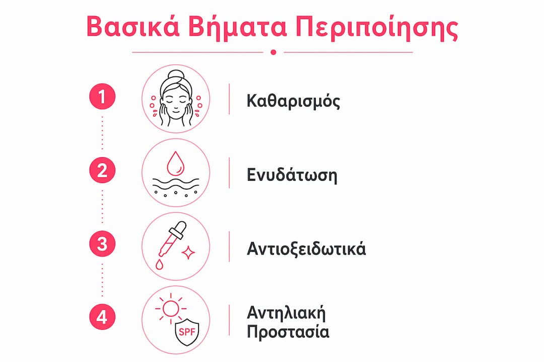 Εικονογραφημένος οδηγός με τα βασικά στάδια περιποίησης της επιδερμίδας