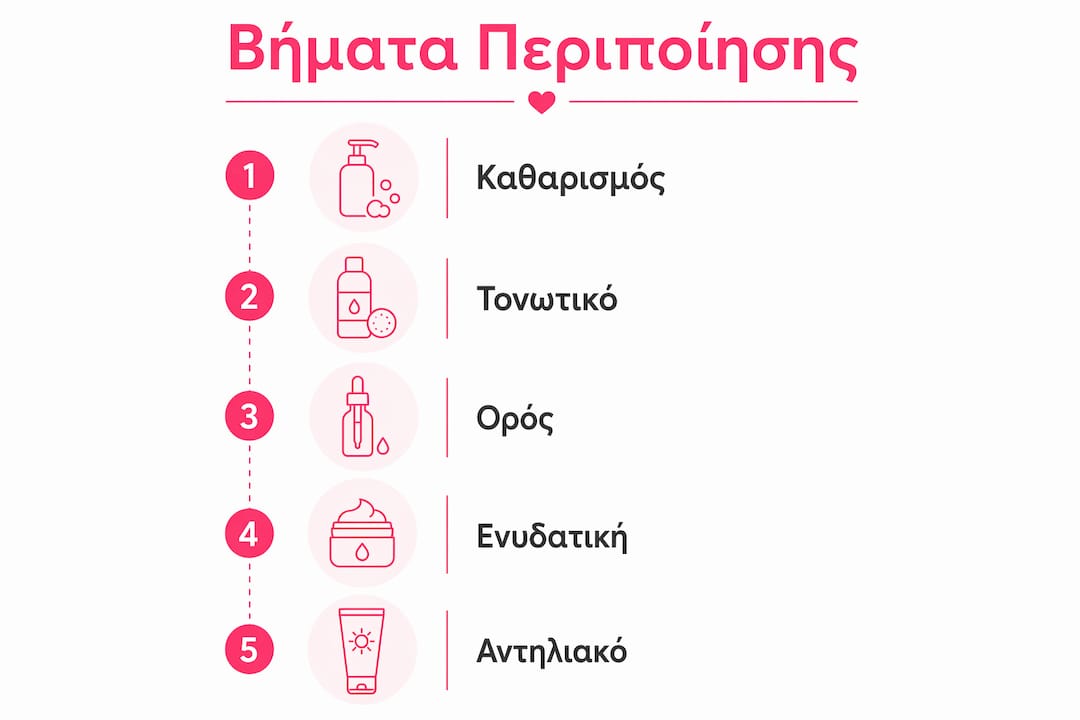 Εικονογραφημένος οδηγός με όλα τα βήματα για τη σωστή περιποίηση της επιδερμίδας