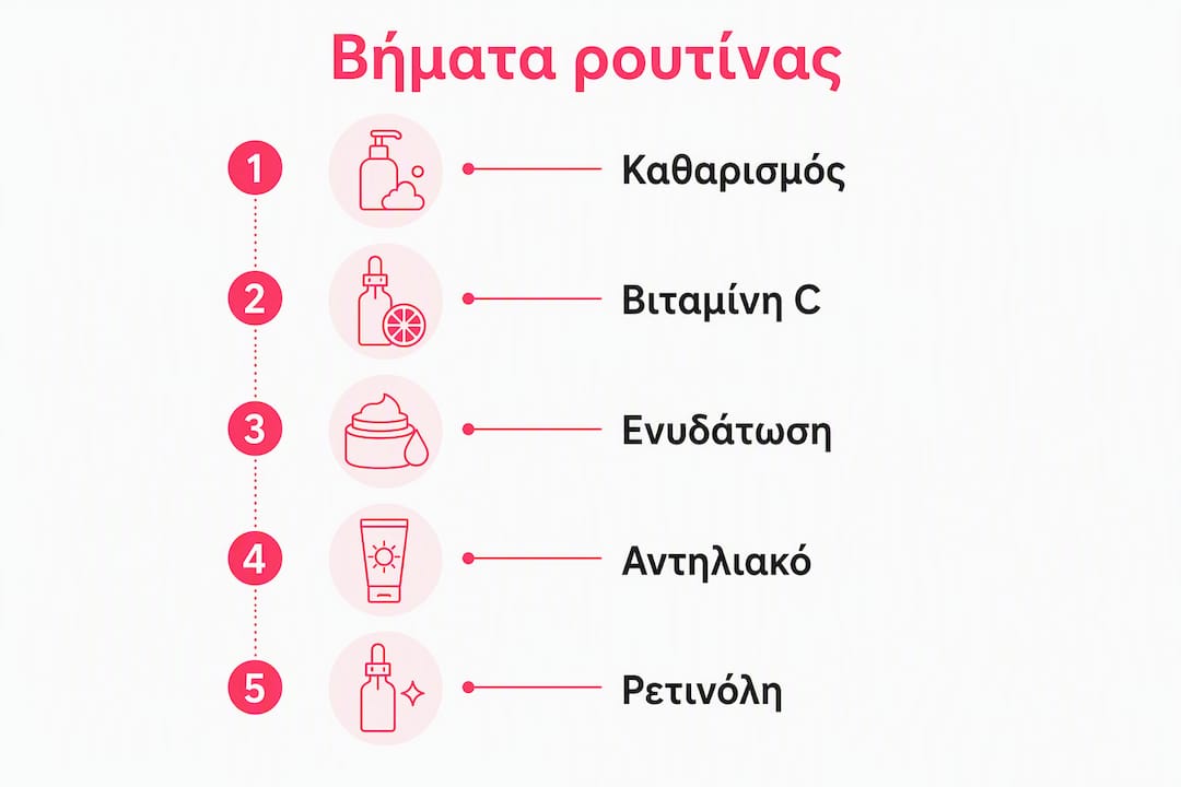 Γραφικό με τα βασικά στάδια για μια ολοκληρωμένη αντιγηραντική ρουτίνα περιποίησης