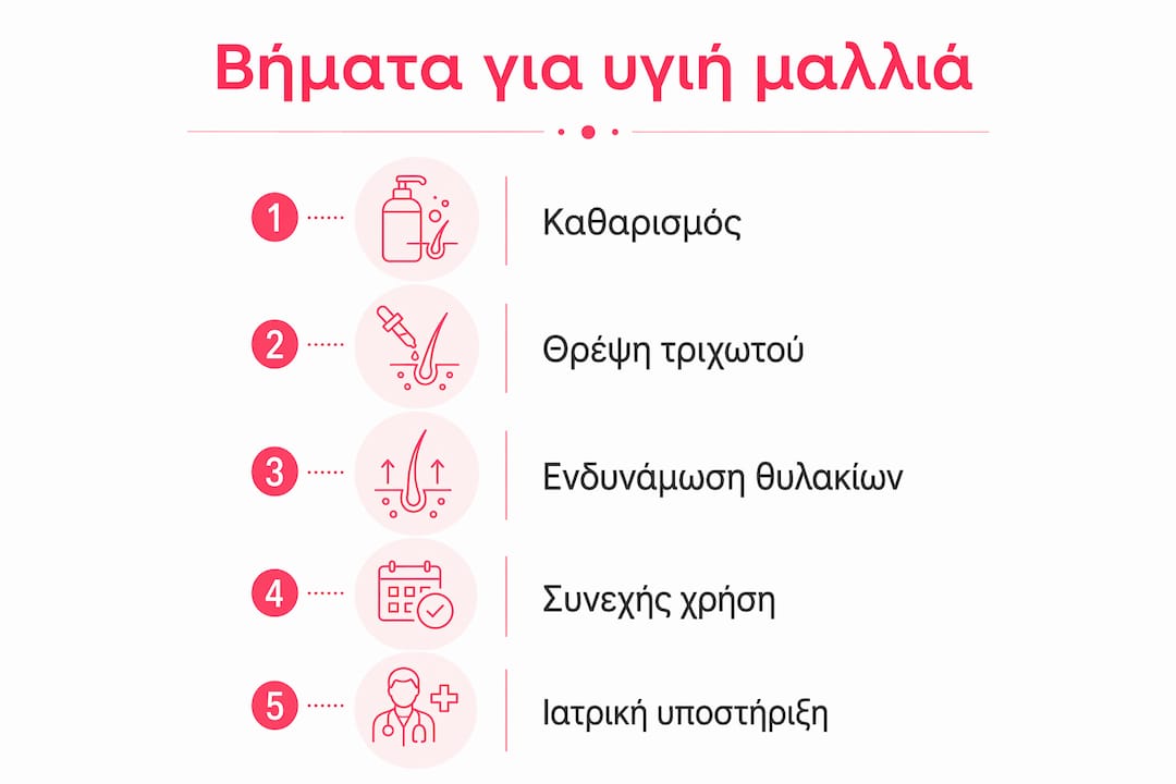Εικονογραφημένος οδηγός με βήματα για τη σωστή χρήση σαμπουάν με στόχο την υγιή ανάπτυξη των μαλλιών