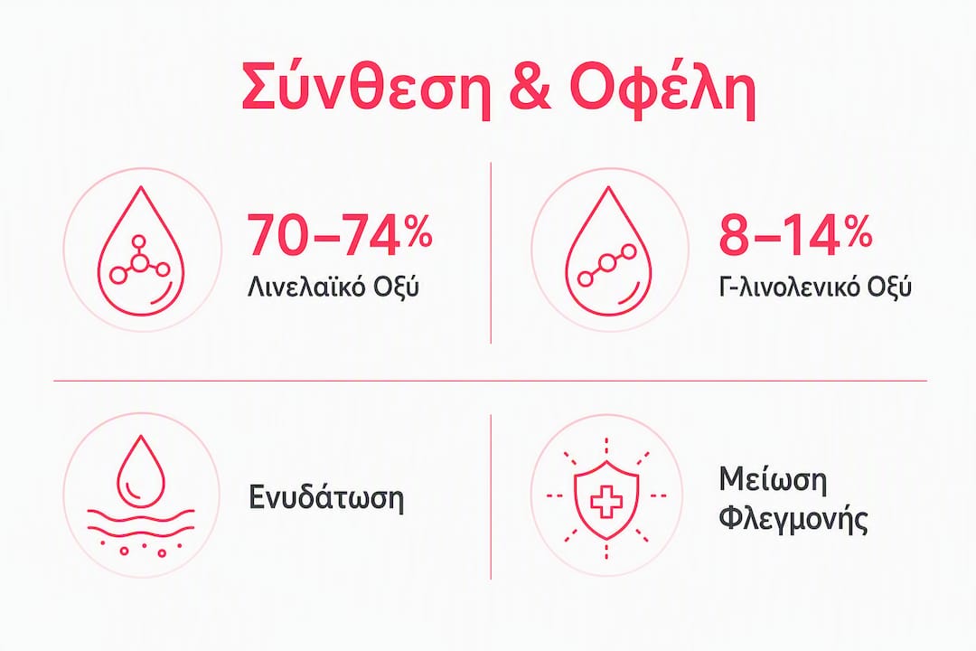 Εικονογραφημένος οδηγός με τη σύσταση και τα οφέλη του ελαίου νυχτολούλουδου
