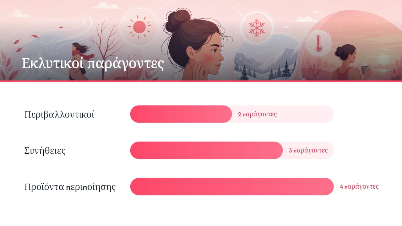 Εικονογράφηση με τις βασικές κατηγορίες και παραδείγματα παραγόντων που μπορεί να επιδεινώσουν τη ροδόχρου ακμή