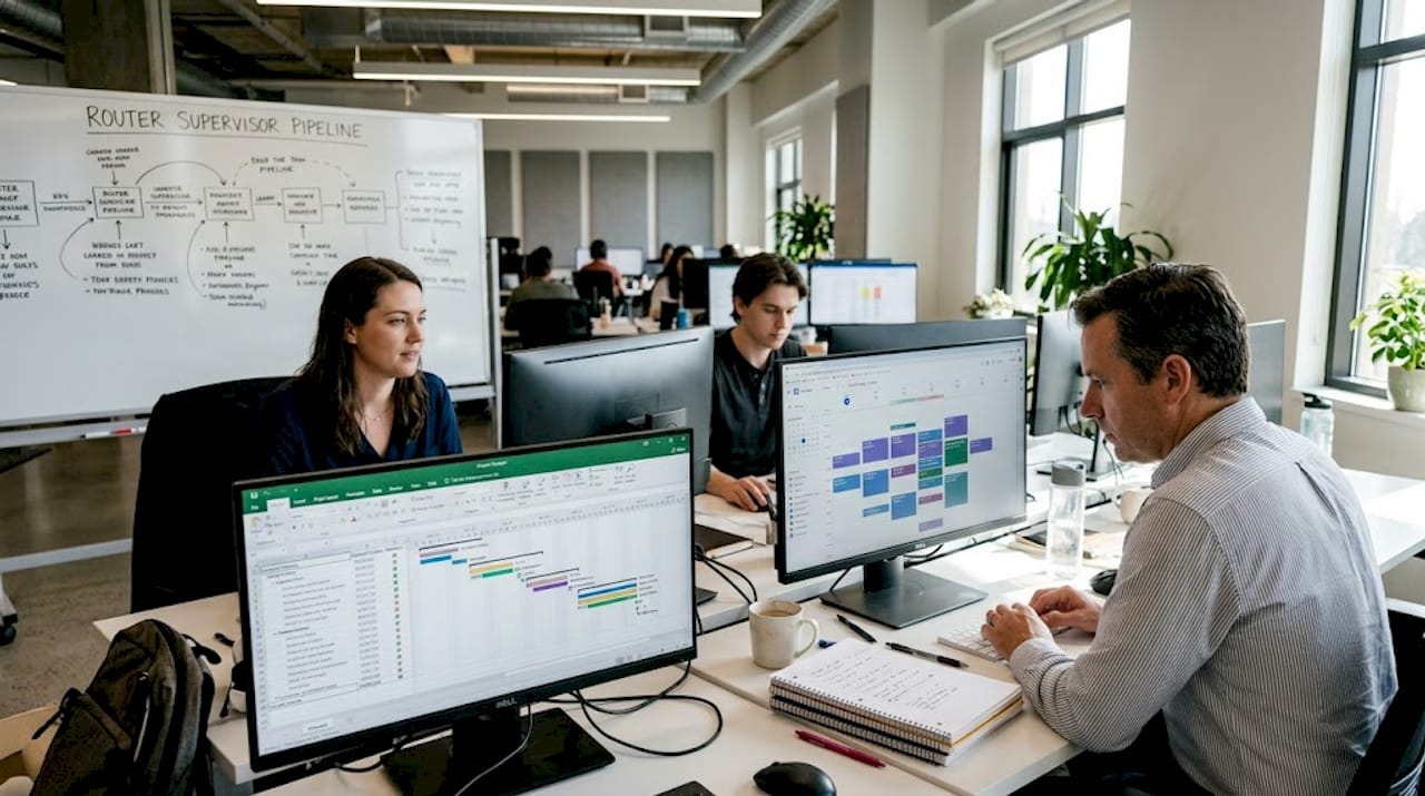 Team analyzing agent workflow diagram