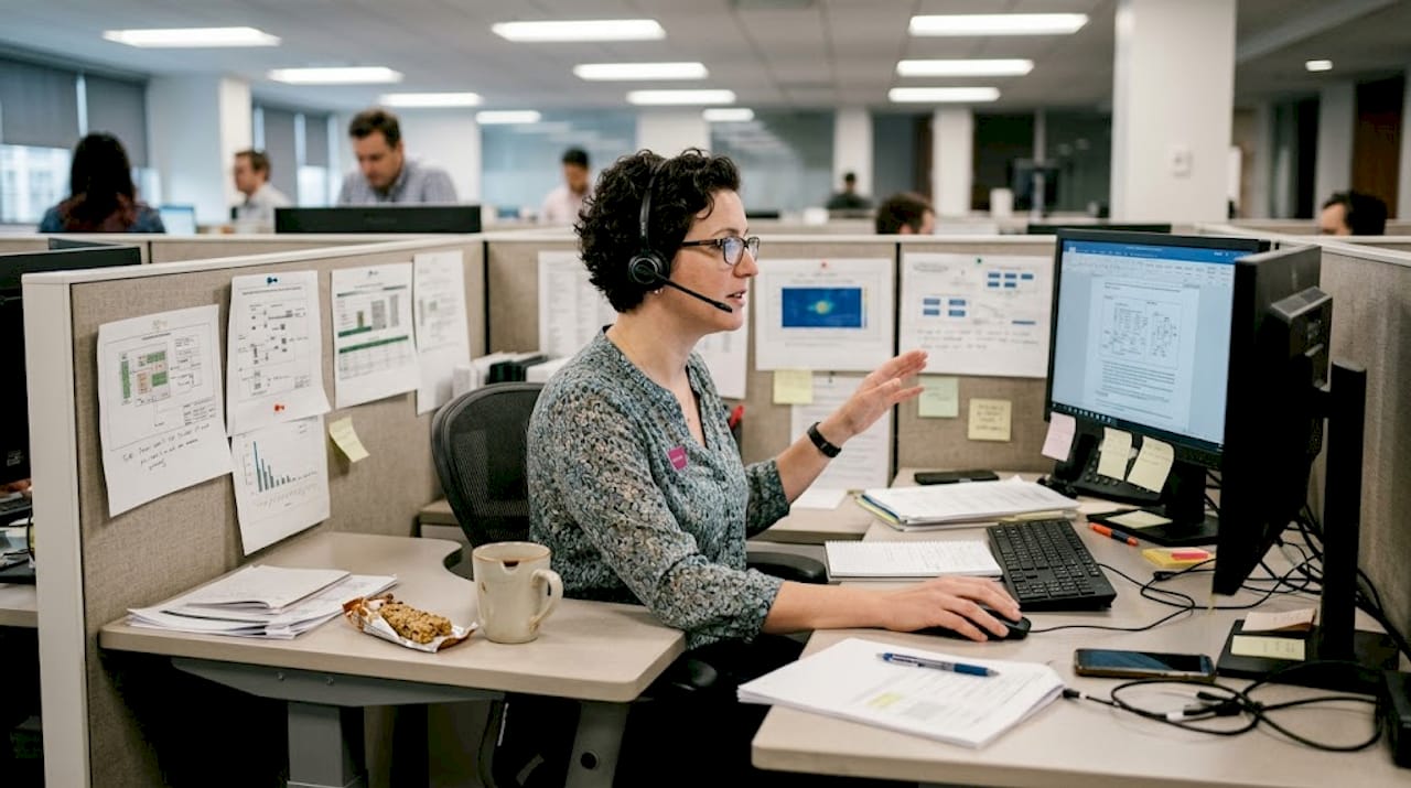 Specialist using AI assistant at busy desk