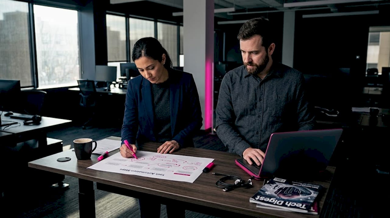 IT team reviews AI agent workflow printout