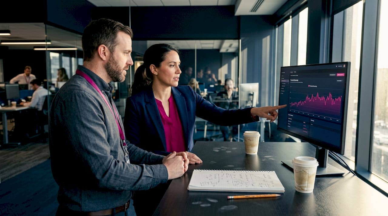 Data analysts discussing predictive AI analytics