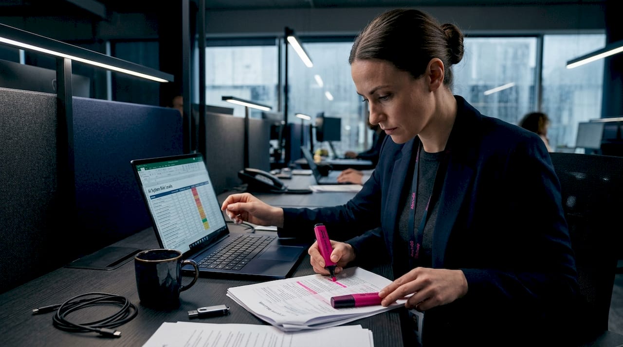 Compliance officer checks AI risk categories at desk