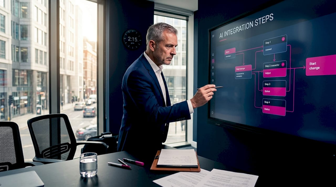 Manager reviewing AI integration workflow in boardroom