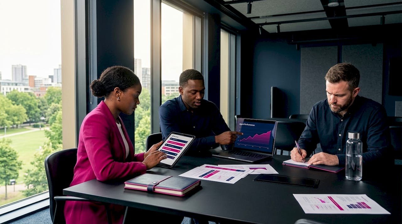 Team reviewing AI agent performance metrics