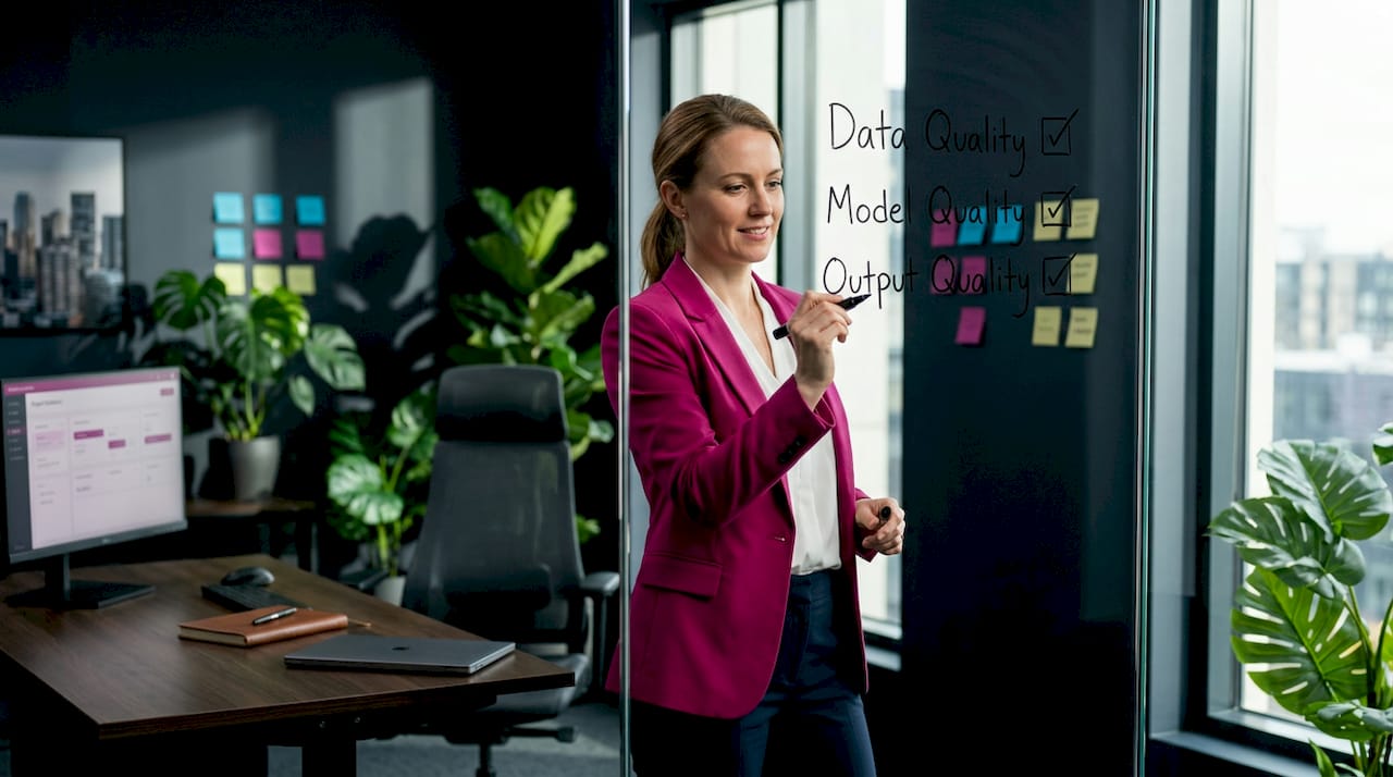 Manager writing AI quality checklist on whiteboard