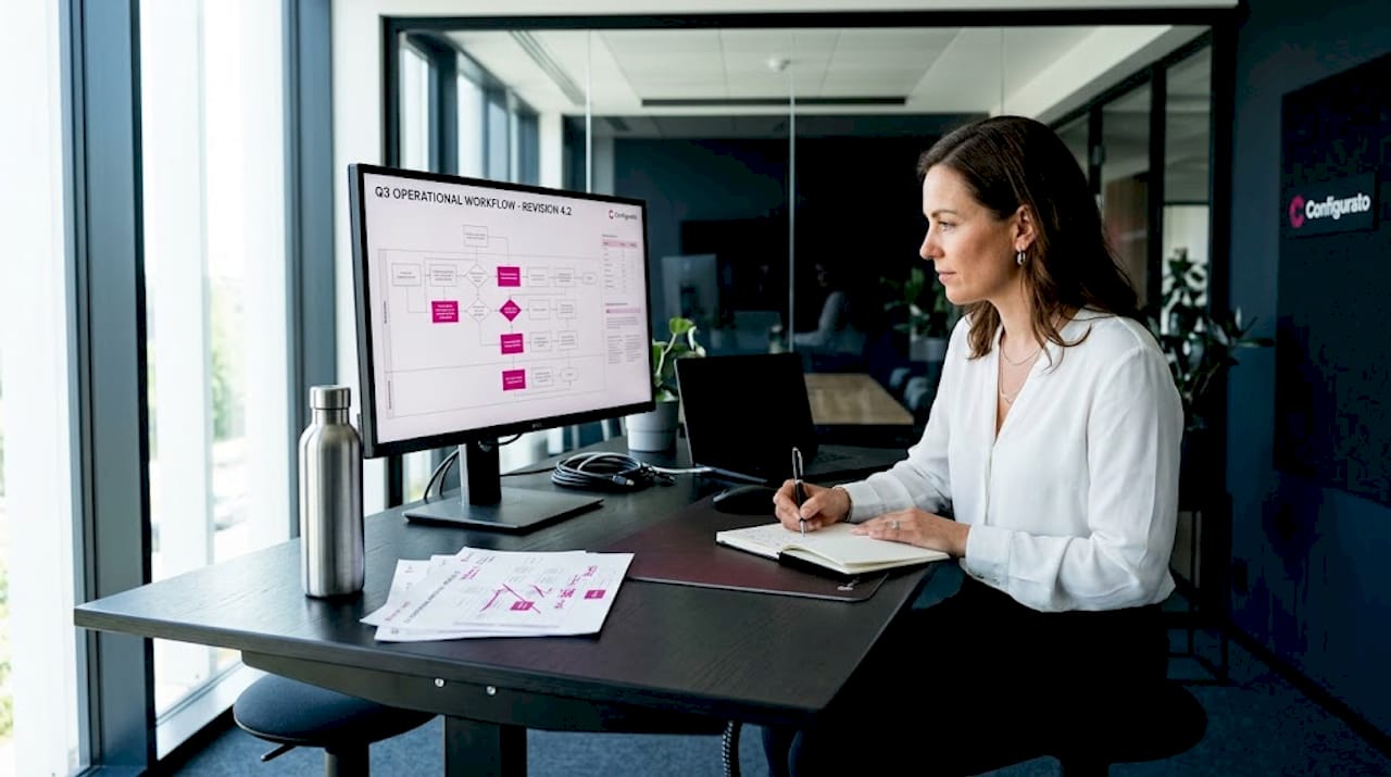 Manager revises AI assistant workflow at desk