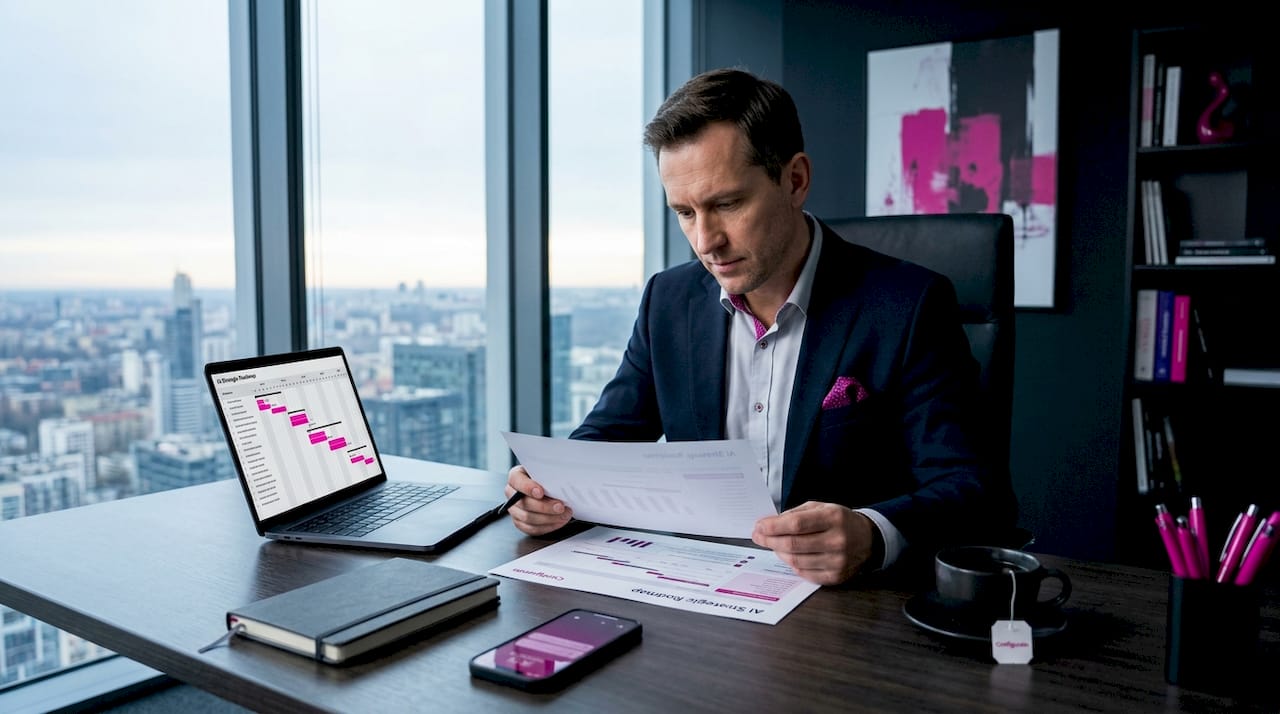 Manager reviewing AI project plan at desk