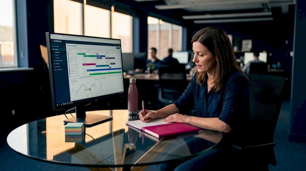 Manager reviewing AI workflow data at desk