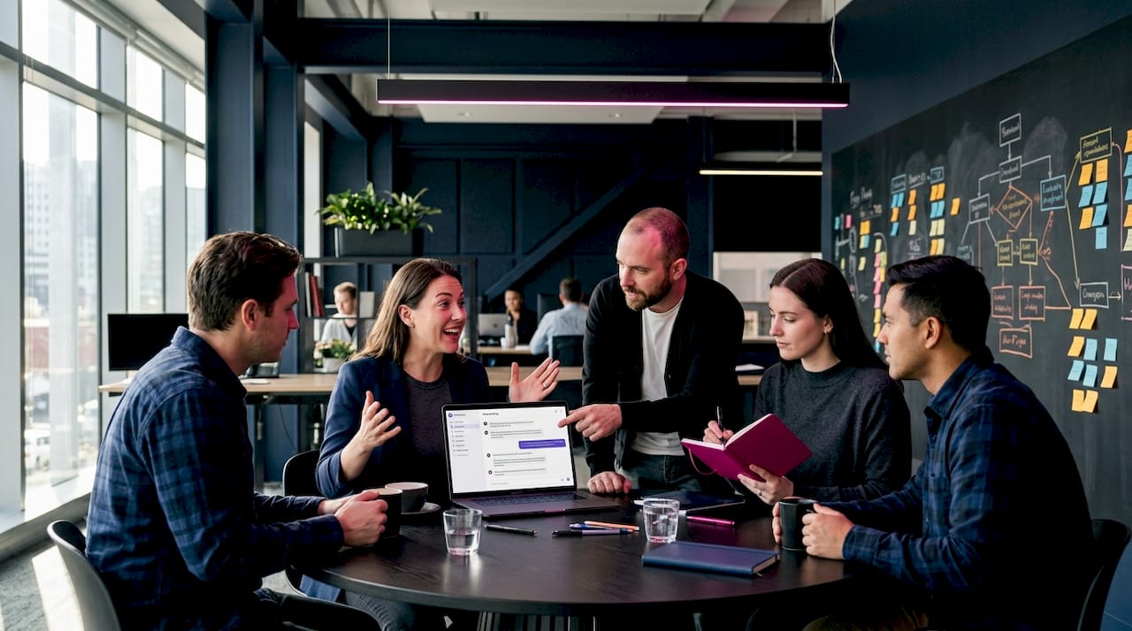 Team collaborates using AI assistant in open office