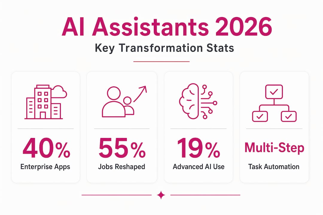 Infographic showing 2026 AI assistant transformation stats