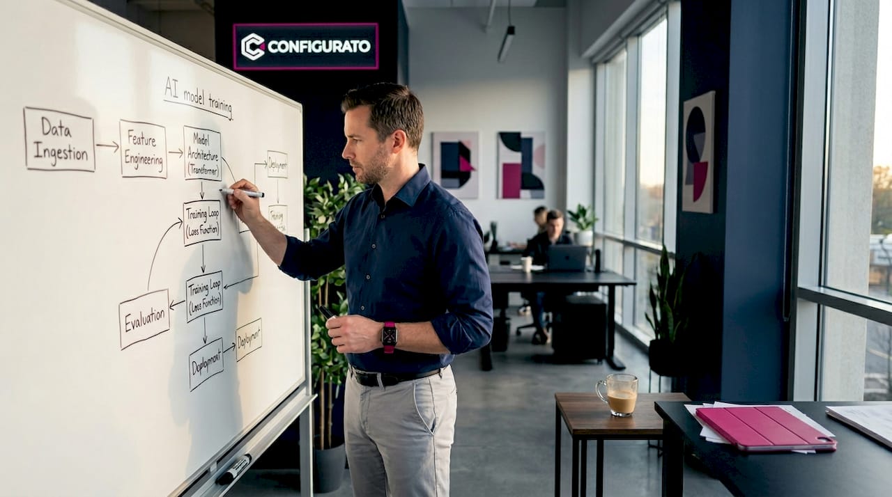 Engineer sketching AI model diagram on whiteboard