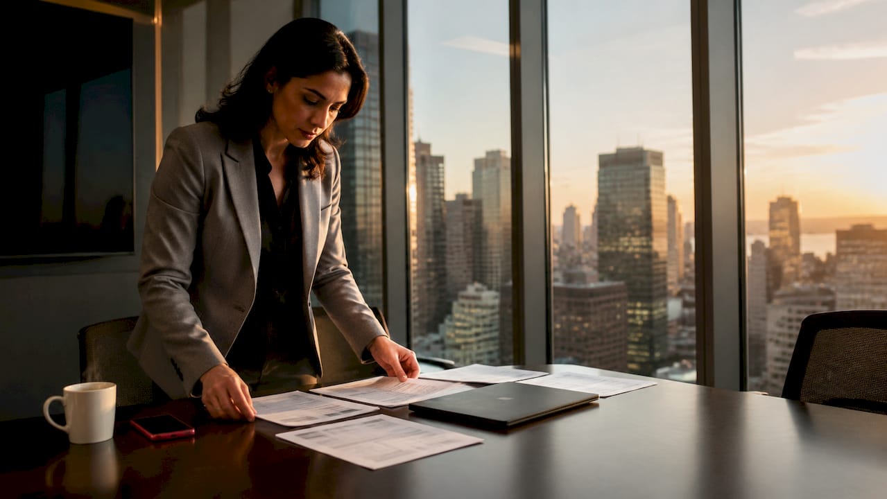 Finance manager auditing AI software invoices in office