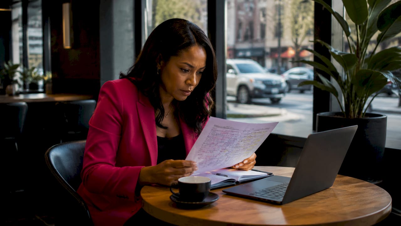 Woman reviewing AI playbook document