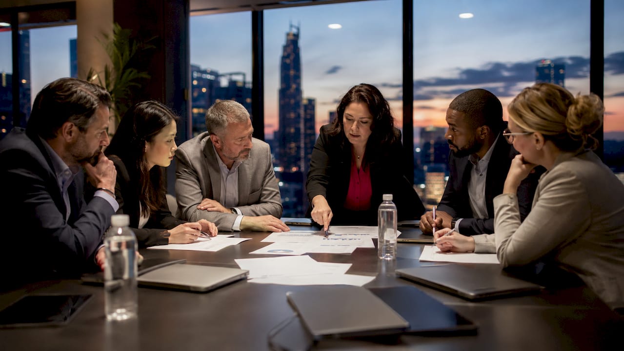 Team discussing cross-team AI strategy in office
