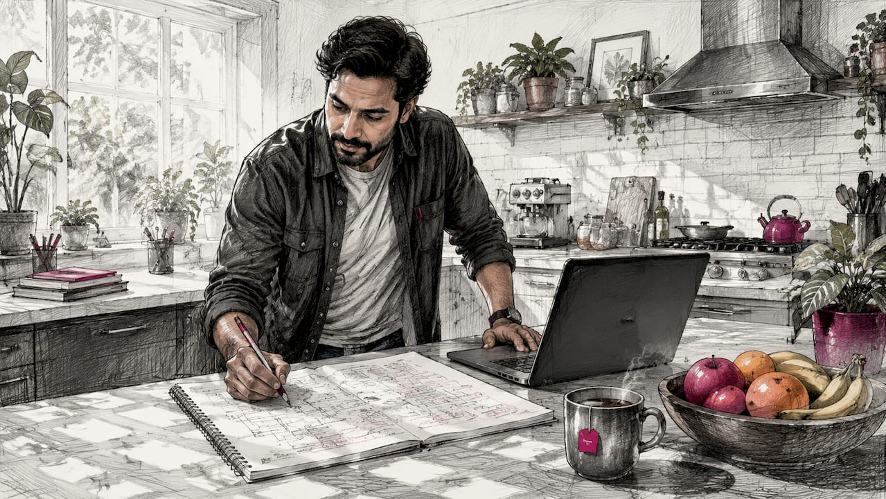 Founder working with AI productivity tools at desk