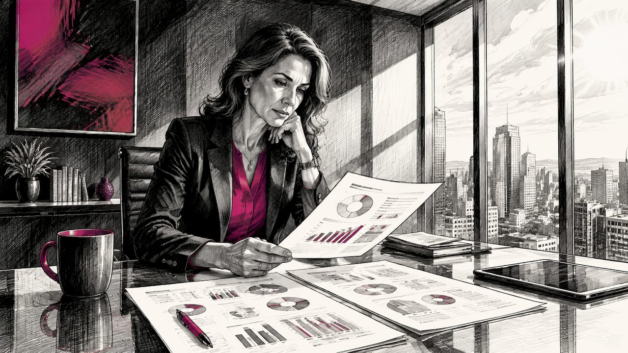 Executive reviewing AI adoption reports in office