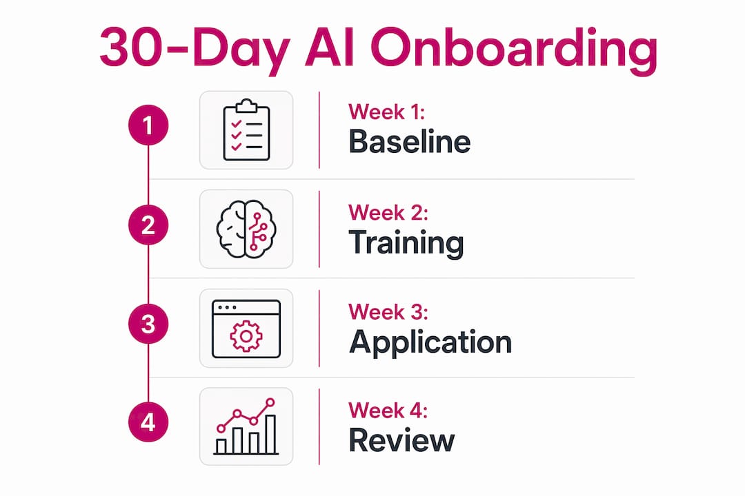Infographic of 30-day AI onboarding steps with weekly milestones