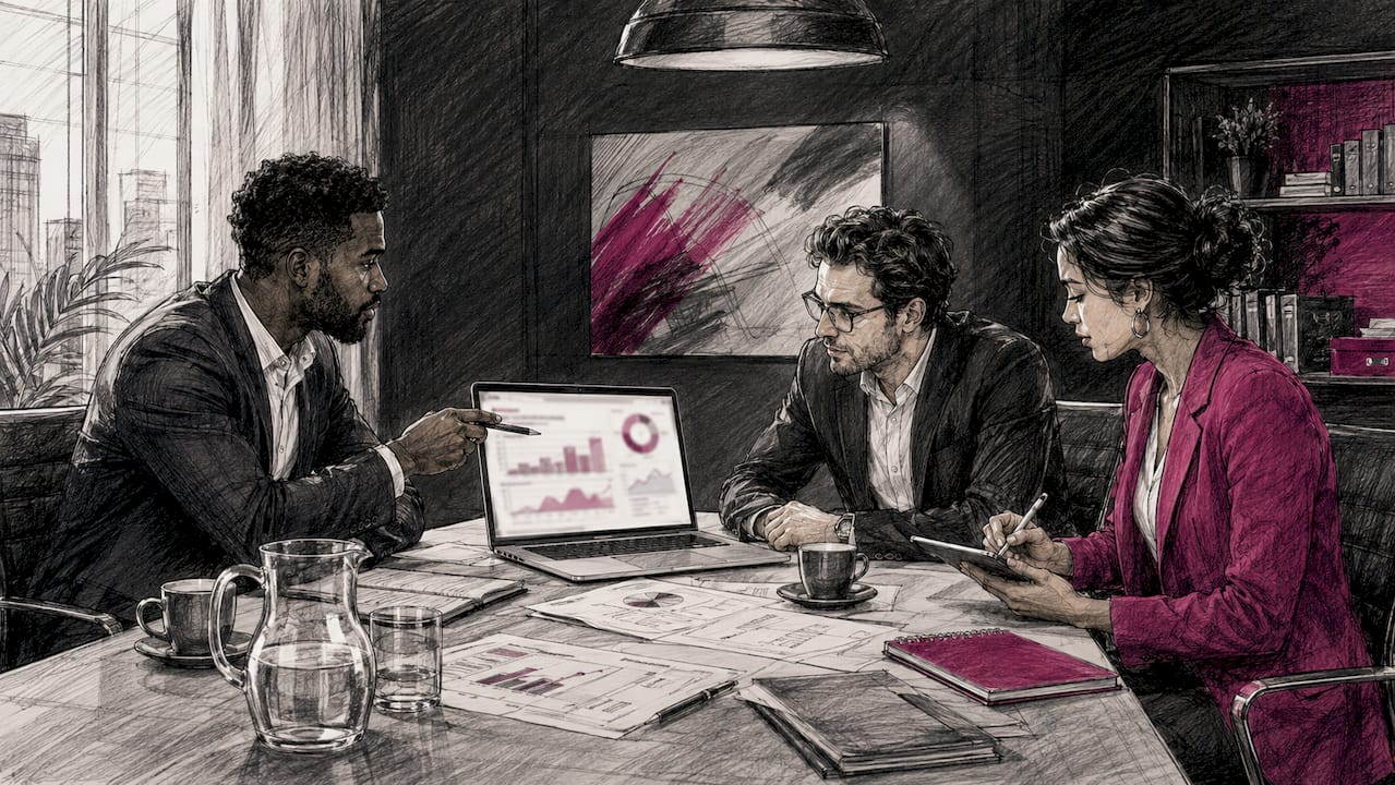 Team discussing AI metrics and data analysis