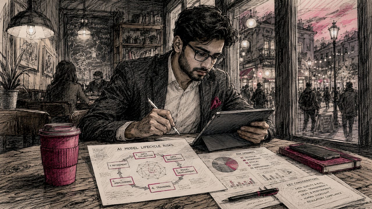 Data scientist analyzing AI lifecycle risk with charts