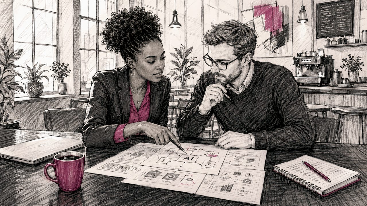 Two colleagues reviewing AI tools and workflows