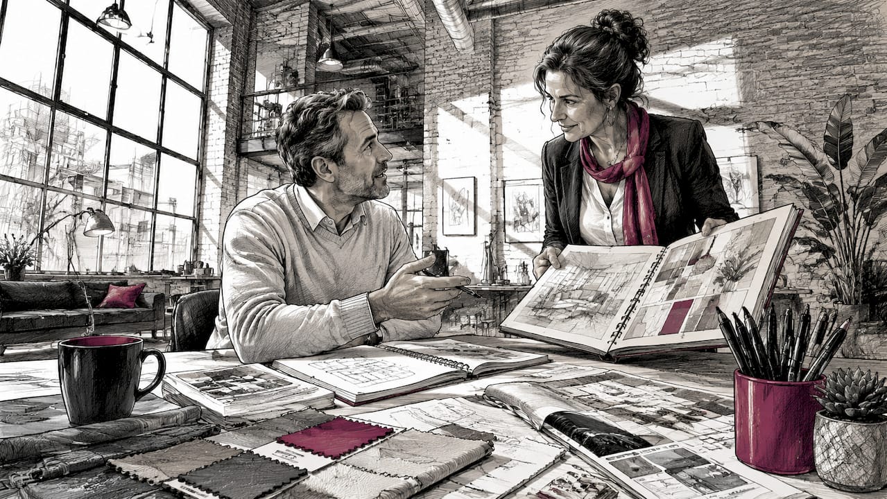 Two consultants reviewing interior design plans