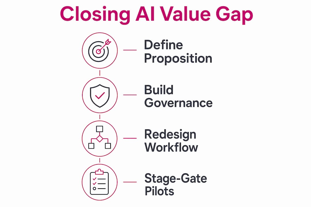 Infographic showing key steps to close AI value gap