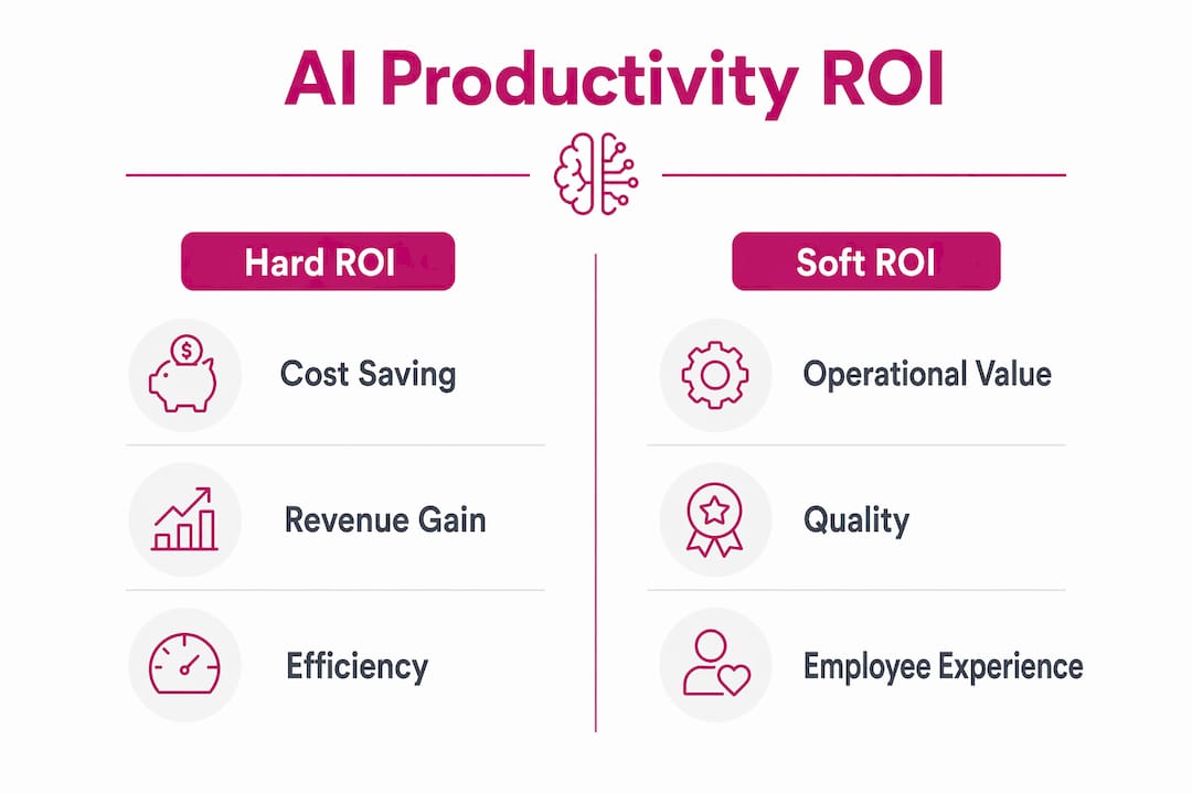 Infographic showing hard and soft AI productivity ROI categories