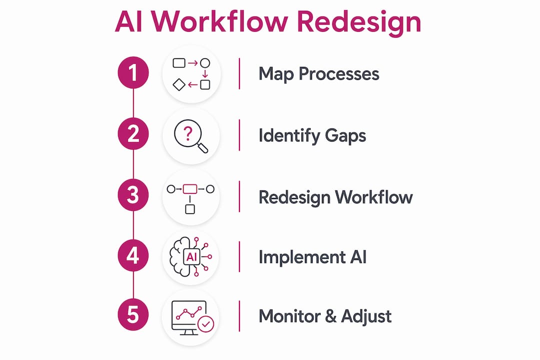 Infographic outlining five steps of AI workflow redesign