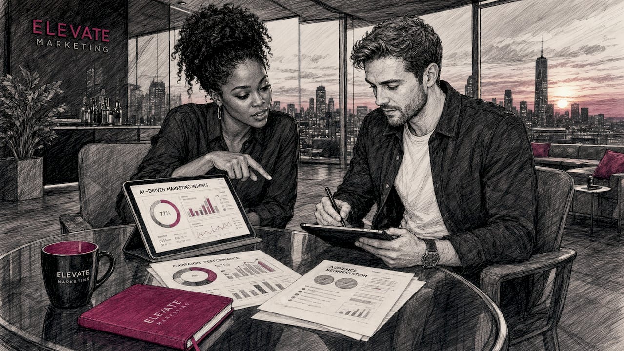 Marketing team collaborating on AI data analysis
