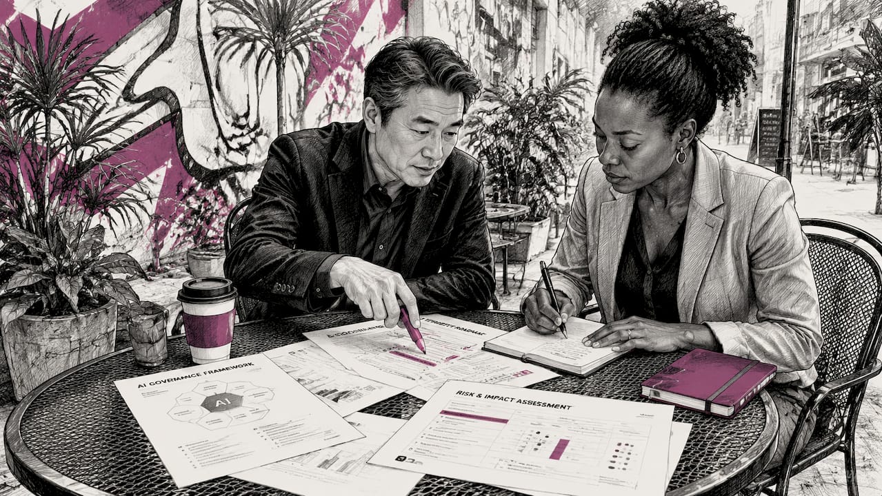 Hands reviewing AI governance documents