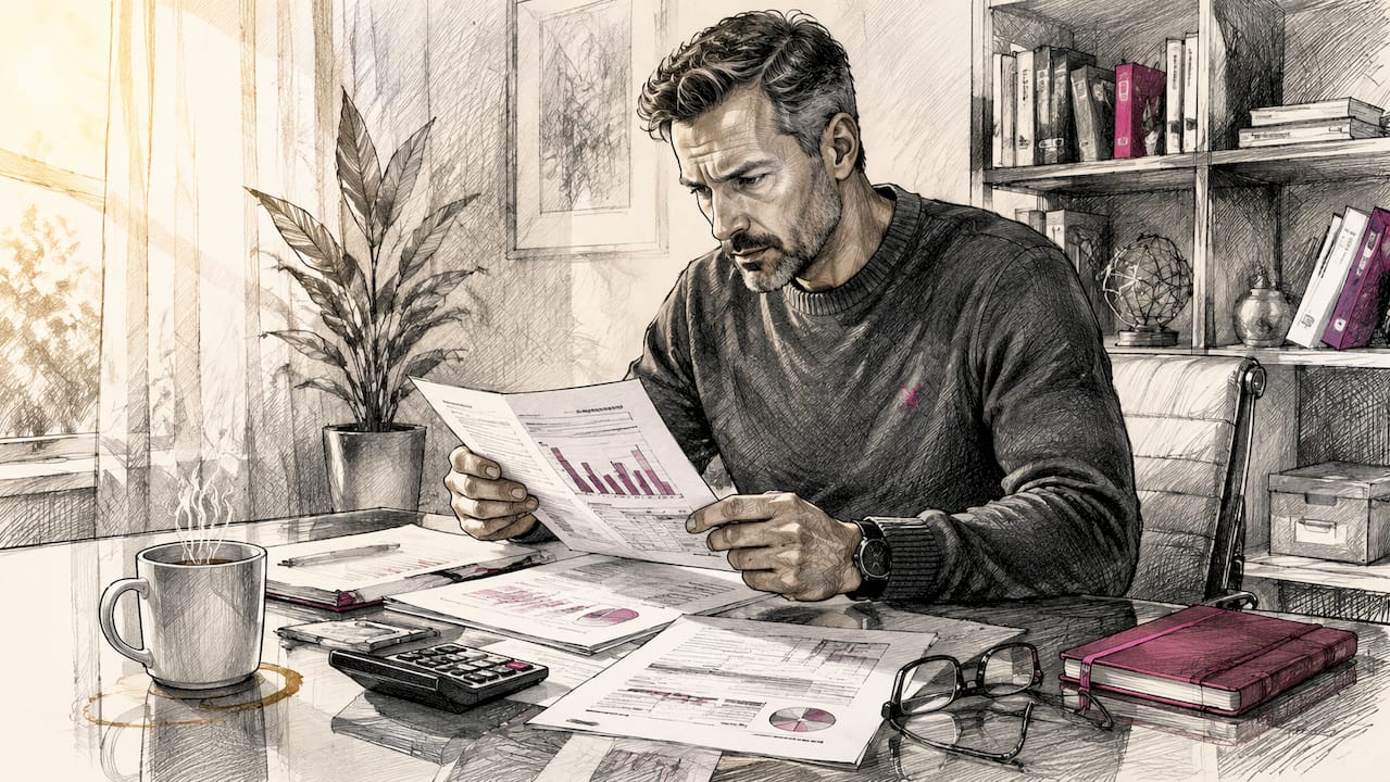 Man calculating AI cost savings at home desk