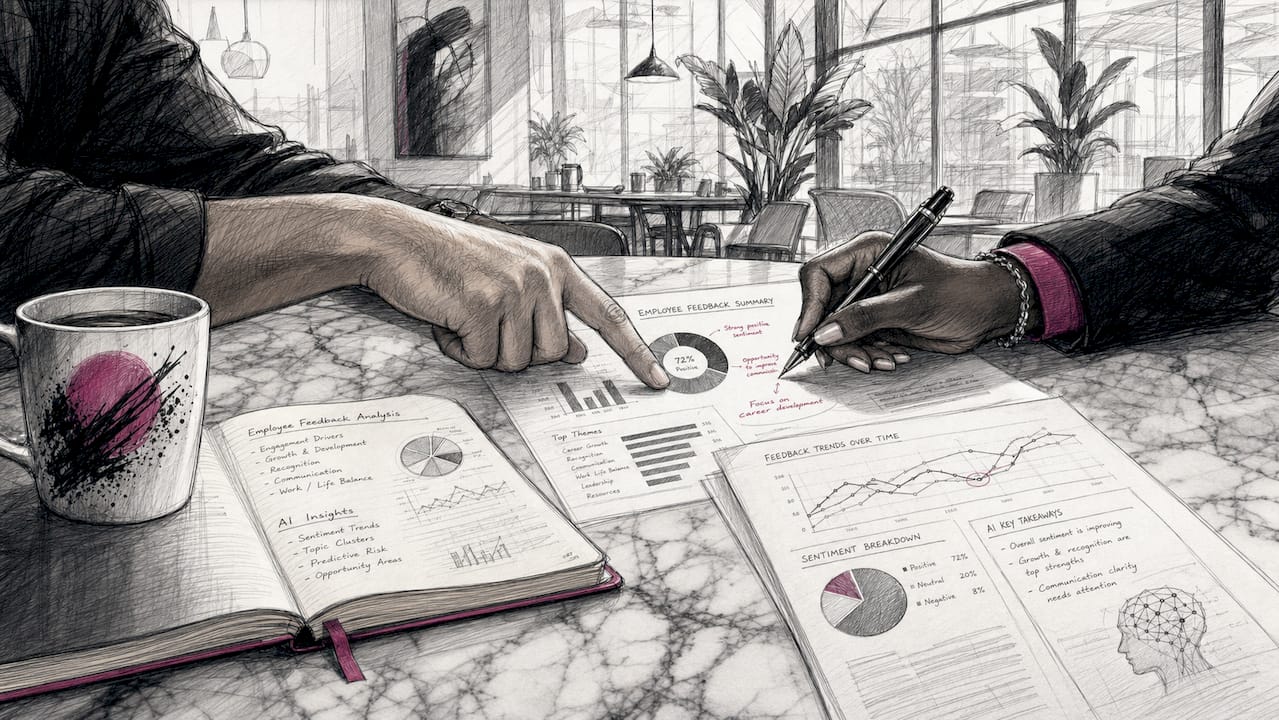 Hands analyzing employee feedback reports