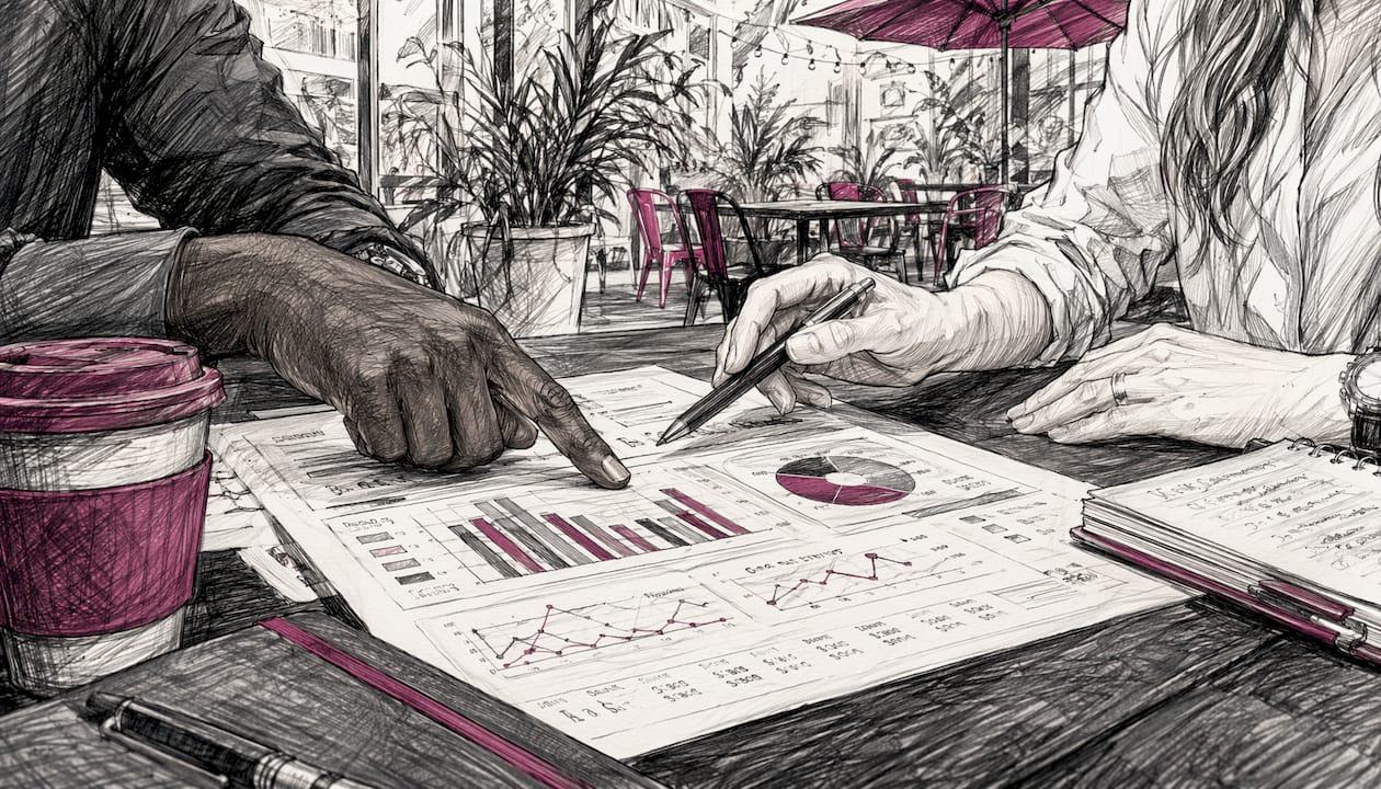 Hands pointing at productivity metric charts