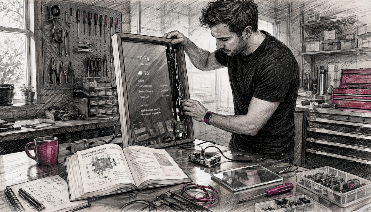 Overhead view of electronics workspace with Raspberry Pi and tools