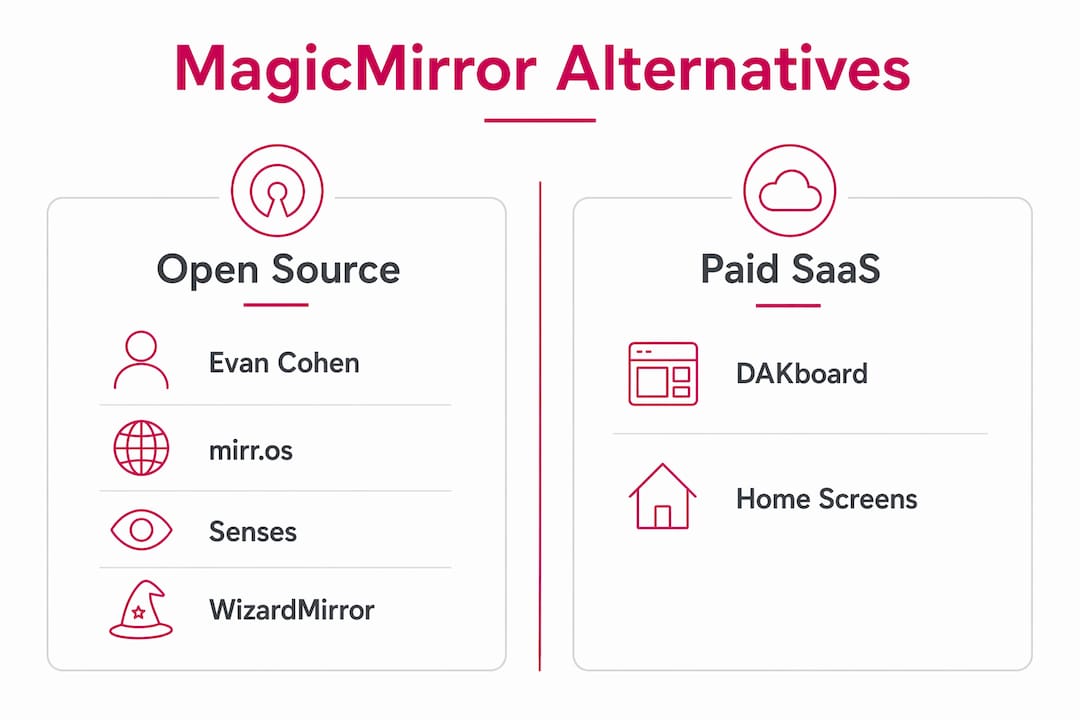 Infographic comparing MagicMirror open source and paid software options