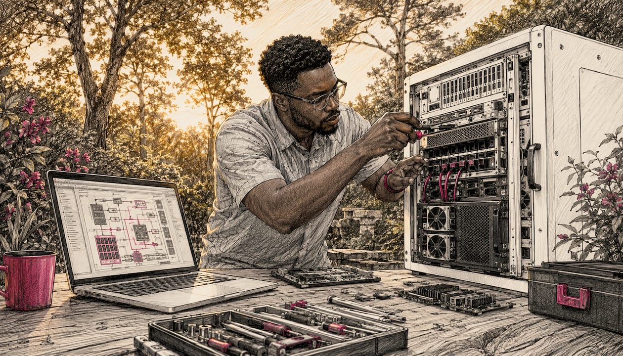 Data engineer setting up AI data pipeline hardware
