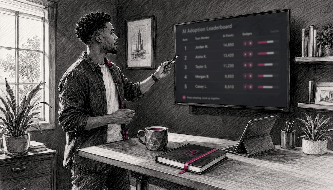 Focused employee pointing at AI leaderboard screen