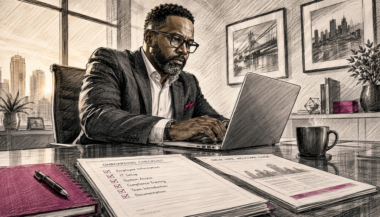 IT manager working on AI onboarding laptop