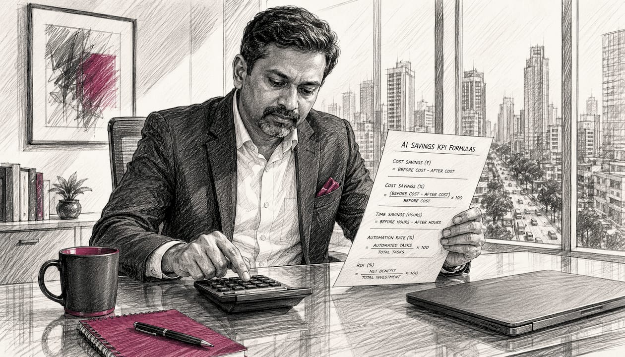 CFO calculating KPI savings formulas at desk