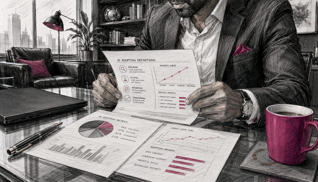 Hands reviewing printed AI adoption metrics data